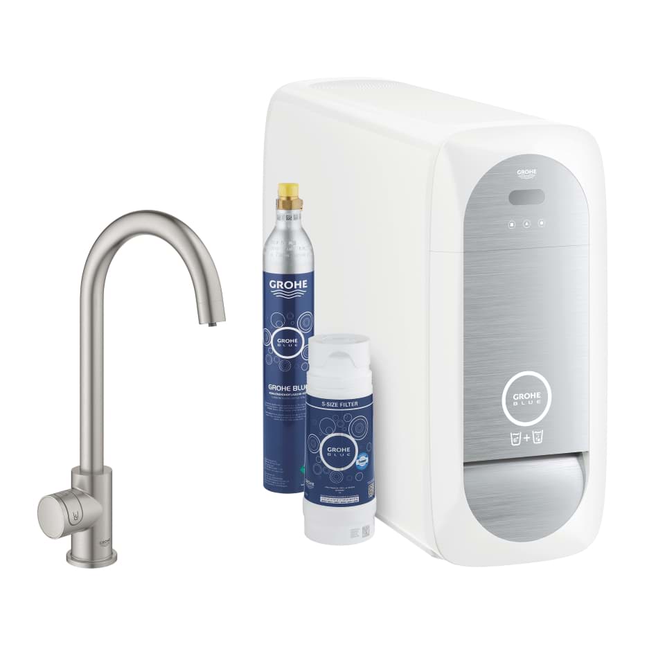 Зображення з  GROHE Blue Home C-spout starter kit with Mono faucet суперсталь #31498DC1