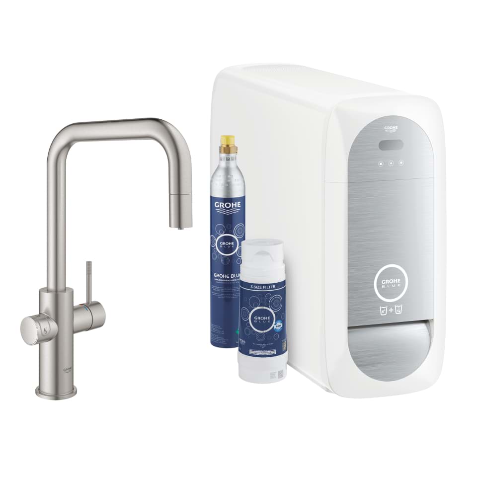 Зображення з  GROHE Blue Home U-spout starter kit with pull-out mousseur суперсталь #31543DC0