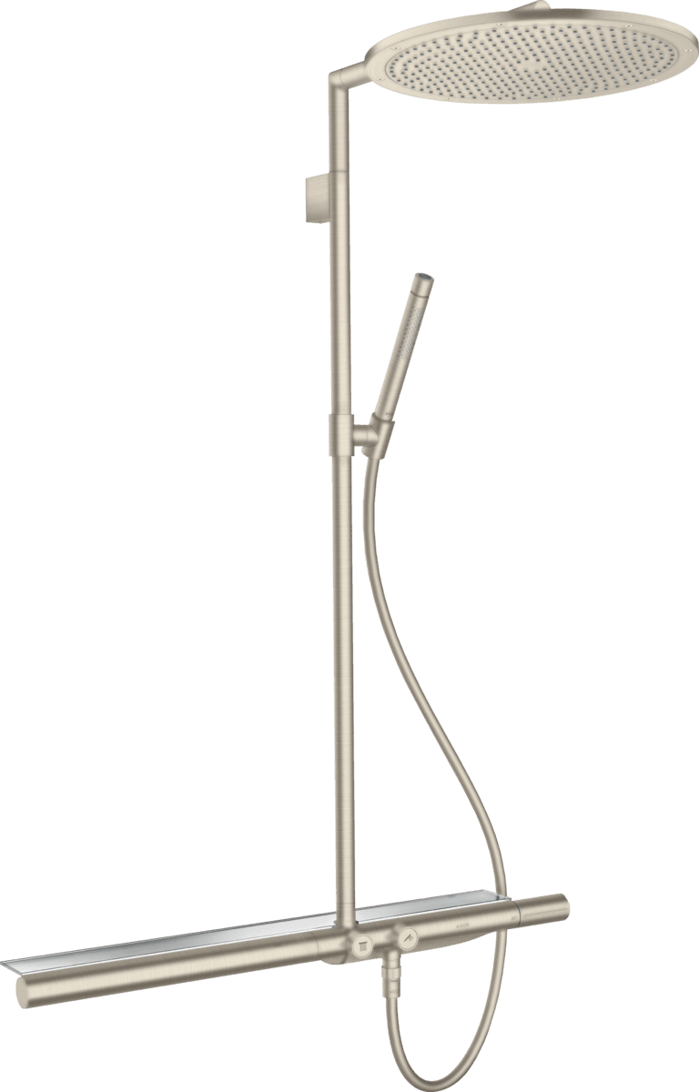 Зображення з  HANSGROHE AXOR ShowerSolutions Showerpipe with thermostat 800 and overhead shower 350 1jet #27984820 - Brushed Nickel