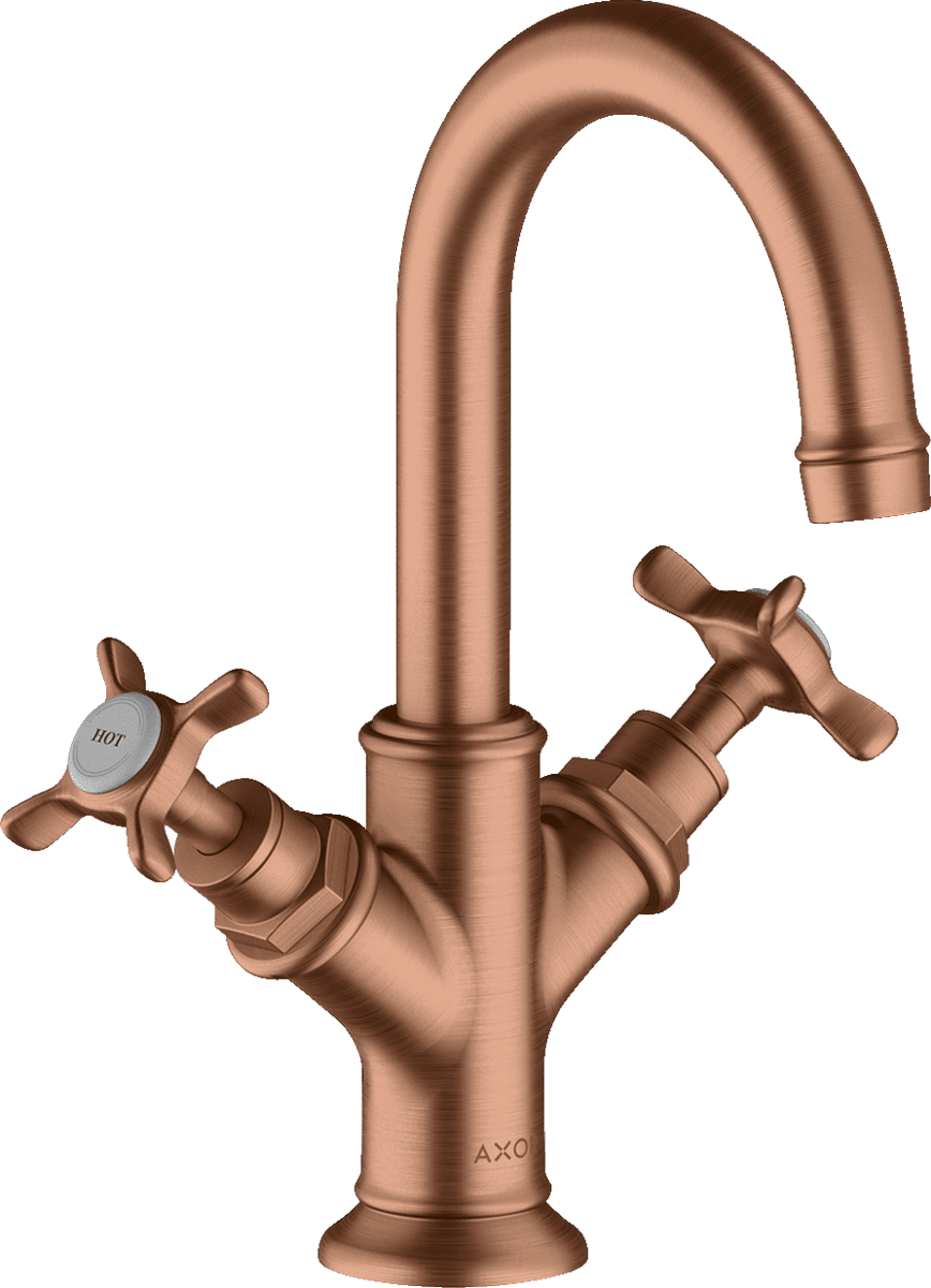 HANSGROHE AXOR Montreux 2-Griff Waschtischarmatur 160 mit Kreuzgriffen für Handwaschbecken mit Zugstangen-Ablaufgarnitur #16505310 - Brushed Red Gold