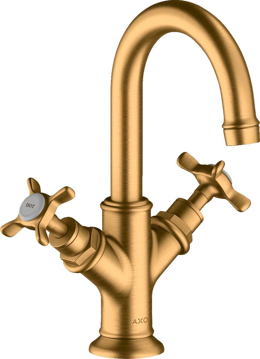 HANSGROHE AXOR Montreux 2-Griff Waschtischarmatur 160 mit Kreuzgriffen für Handwaschbecken mit Zugstangen-Ablaufgarnitur #16505250 - Brushed Gold Optic