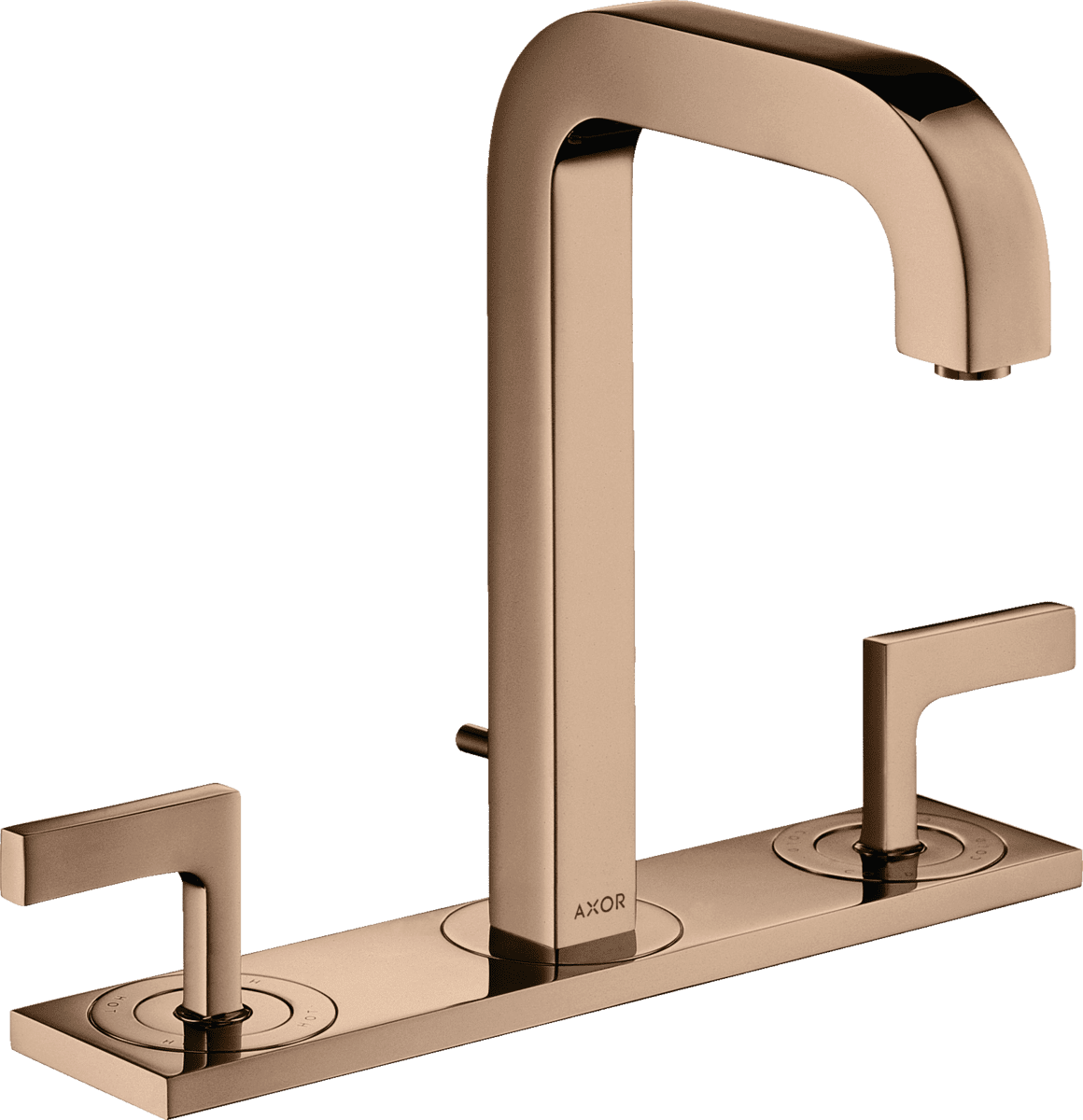 HANSGROHE AXOR Citterio 3-Loch Waschtischarmatur 170 mit Auslauf 140 mm, Hebelgriffen, Platte und Zugstangen-Ablaufgarnitur #39136300 - Polished Red Gold