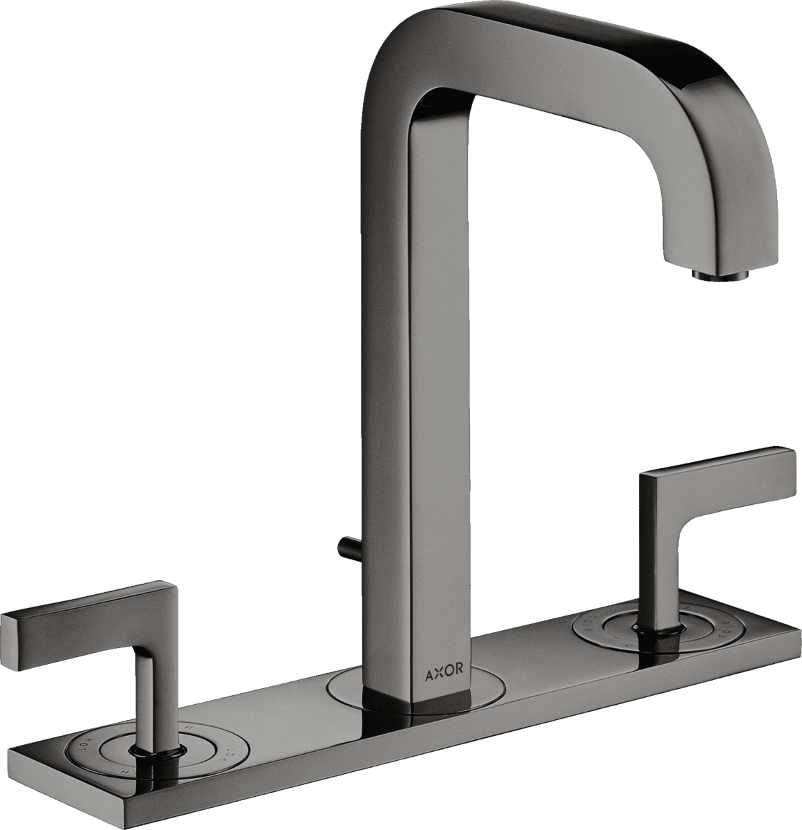 HANSGROHE AXOR Citterio 3-Loch Waschtischarmatur 170 mit Auslauf 140 mm, Hebelgriffen, Platte und Zugstangen-Ablaufgarnitur #39136330 - Polished Black Chrome