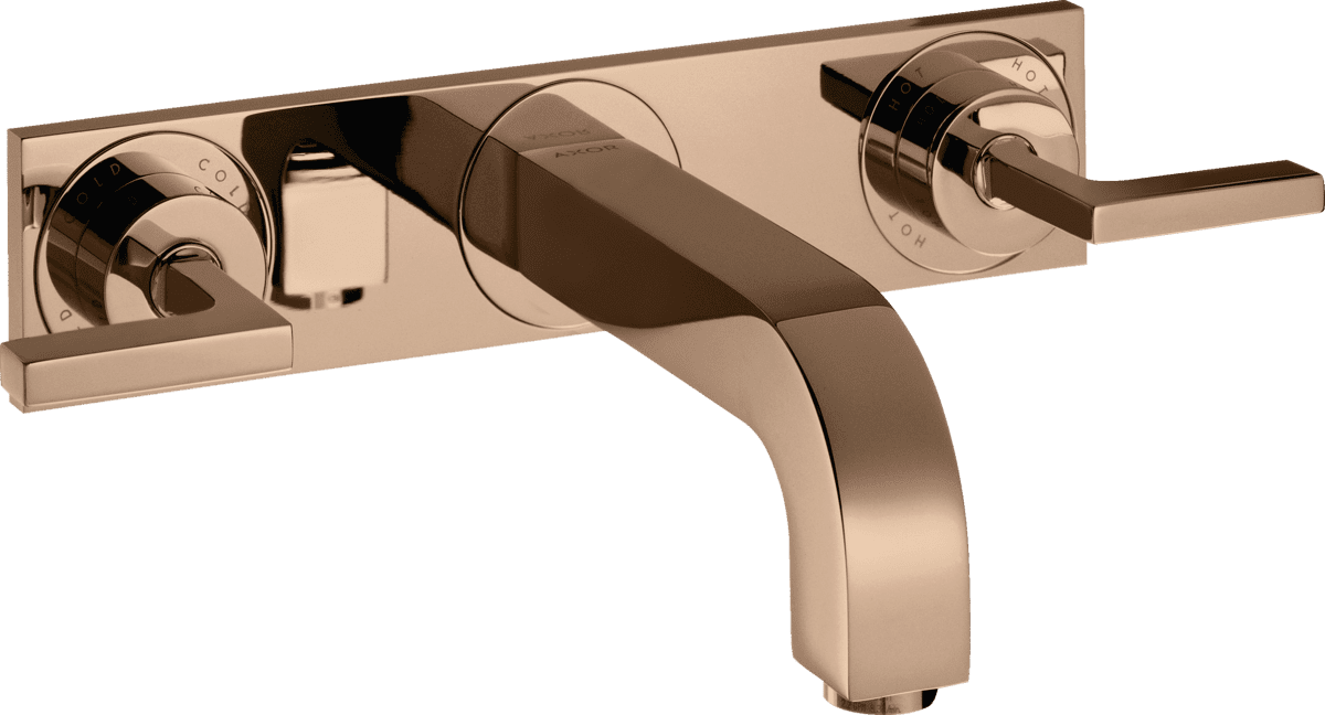 HANSGROHE AXOR Citterio 3-Loch Waschtischarmatur Unterputz für Wandmontage mit Auslauf 226 mm, Hebelgriffen und Platte #39148300 - Polished Red Gold