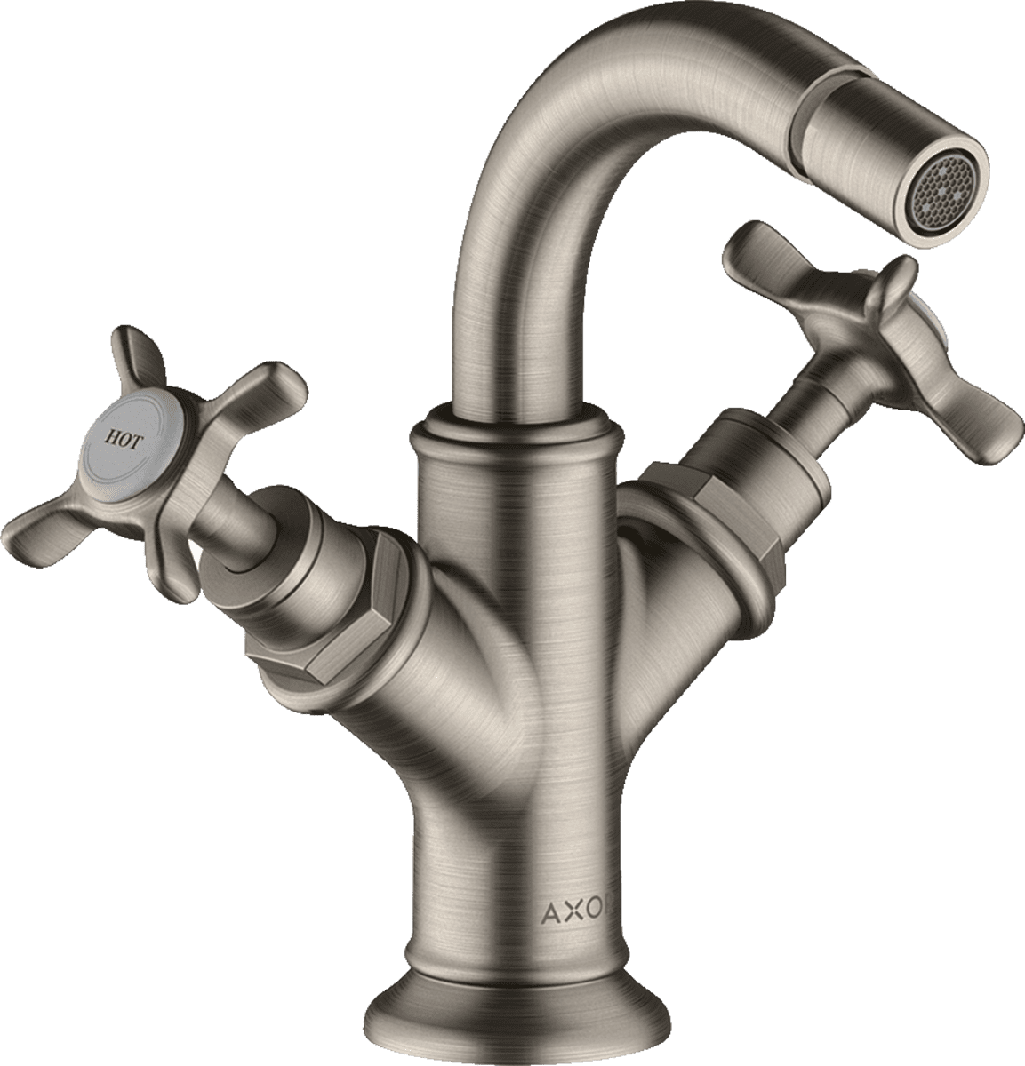 HANSGROHE AXOR Montreux 2-Griff Bidetarmatur mit Kreuzgriffen und Zugstangen-Ablaufgarnitur #16520800 - Edelstahl Optic
