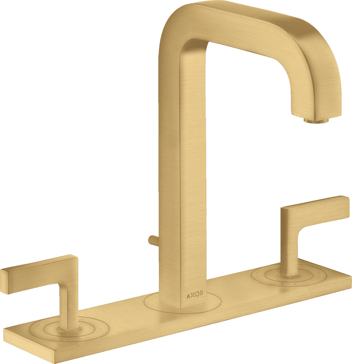 HANSGROHE AXOR Citterio 3-Loch Waschtischarmatur 170 mit Auslauf 140 mm, Hebelgriffen, Platte und Zugstangen-Ablaufgarnitur #39136250 - Brushed Gold Optic