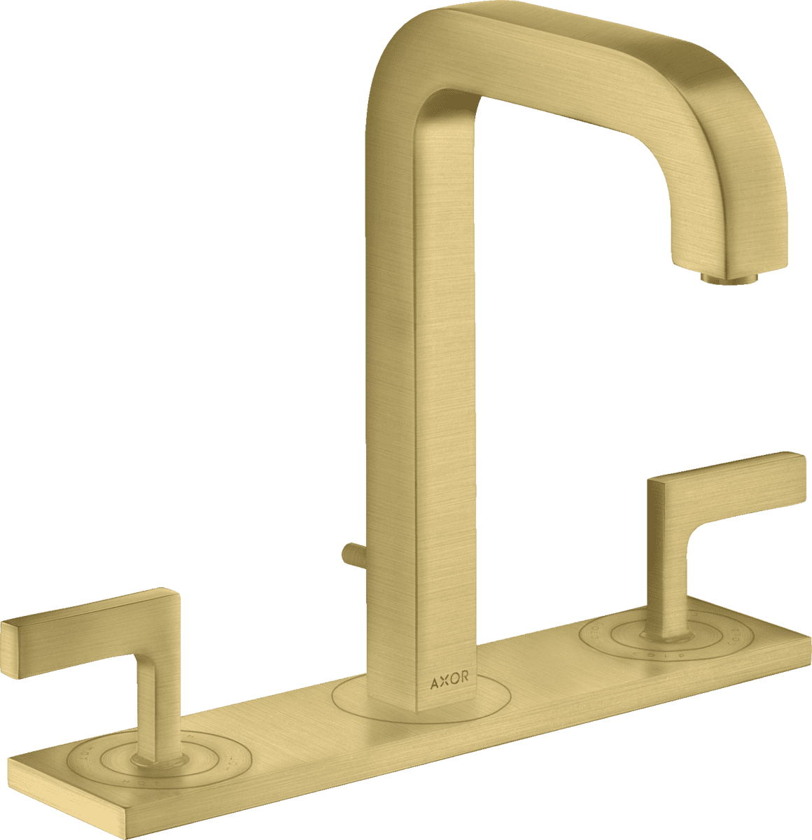 HANSGROHE AXOR Citterio 3-Loch Waschtischarmatur 170 mit Auslauf 140 mm, Hebelgriffen, Platte und Zugstangen-Ablaufgarnitur #39136950 - Brushed Brass