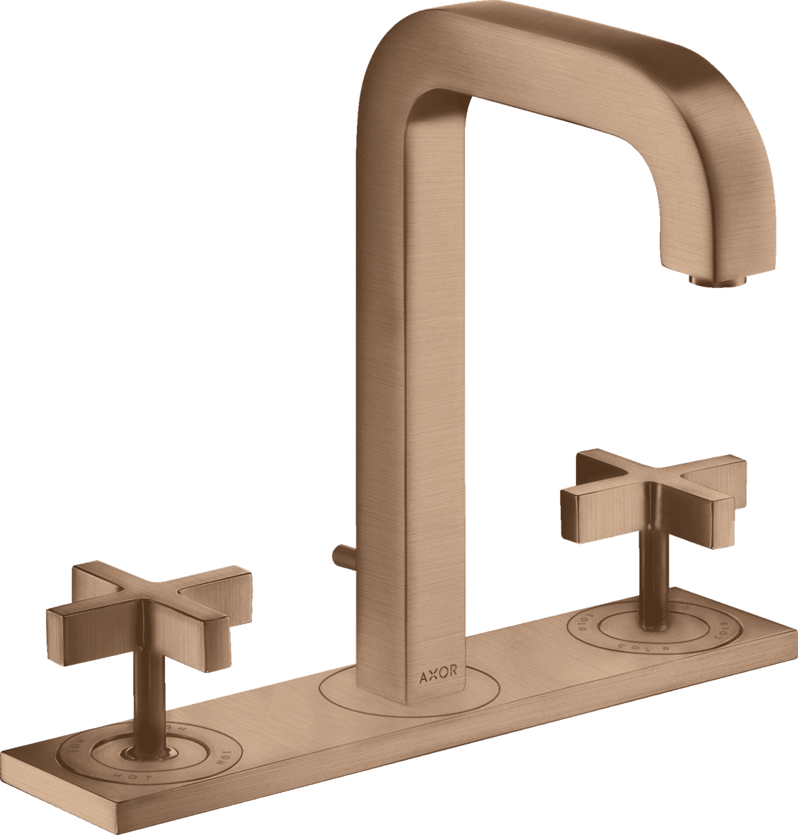 HANSGROHE AXOR Citterio 3-Loch Waschtischarmatur 170 mit Auslauf 140 mm, Kreuzgriffen, Platte und Zugstangen-Ablaufgarnitur #39134310 - Brushed Red Gold