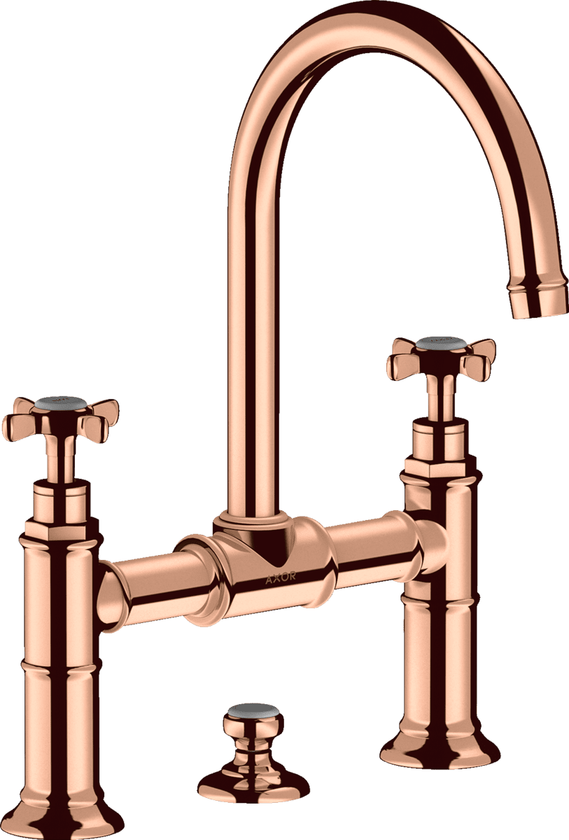 HANSGROHE AXOR Montreux 2-Griff Waschtischarmatur 220 mit Kreuzgriffen und Zugstangen-Ablaufgarnitur #16510300 - Polished Red Gold