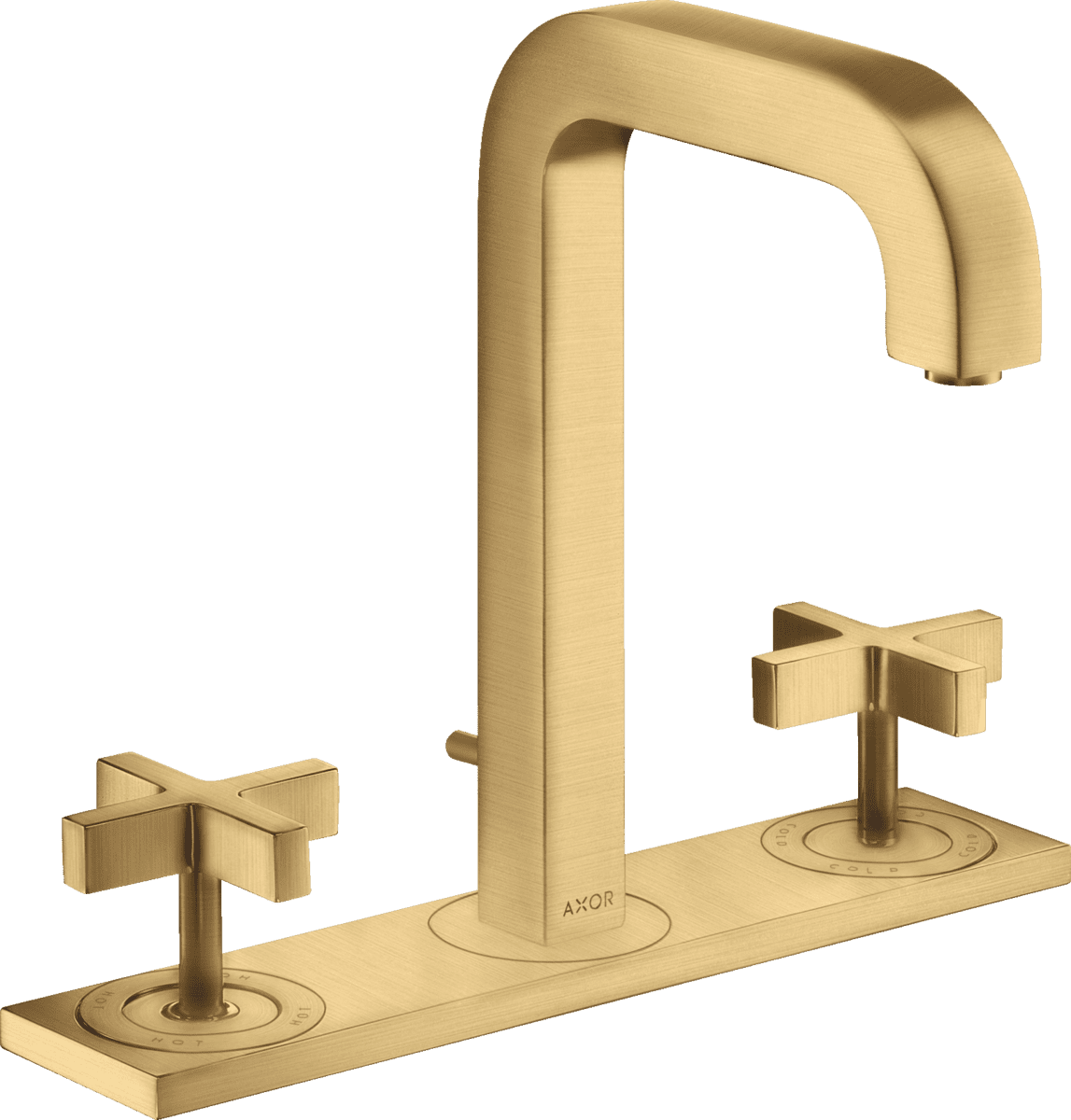 HANSGROHE AXOR Citterio 3-Loch Waschtischarmatur 170 mit Auslauf 140 mm, Kreuzgriffen, Platte und Zugstangen-Ablaufgarnitur #39134250 - Brushed Gold Optic