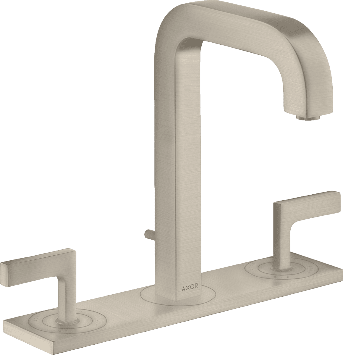HANSGROHE AXOR Citterio 3-Loch Waschtischarmatur 170 mit Auslauf 140 mm, Hebelgriffen, Platte und Zugstangen-Ablaufgarnitur #39136820 - Brushed Nickel
