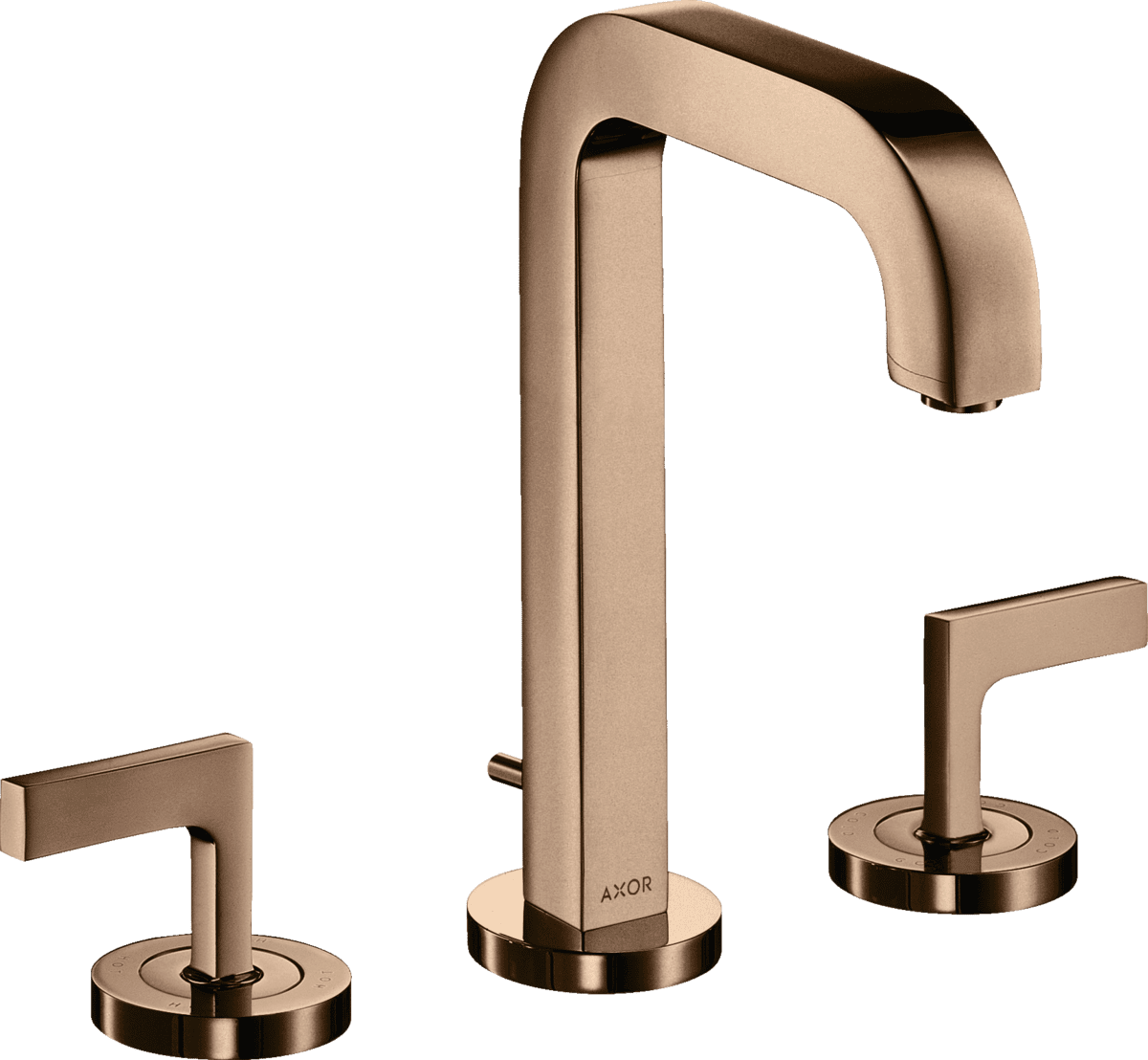 HANSGROHE AXOR Citterio 3-Loch Waschtischarmatur 170 mit Auslauf 140 mm, Hebelgriffen, Rosetten und Zugstangen-Ablaufgarnitur #39135300 - Polished Red Gold