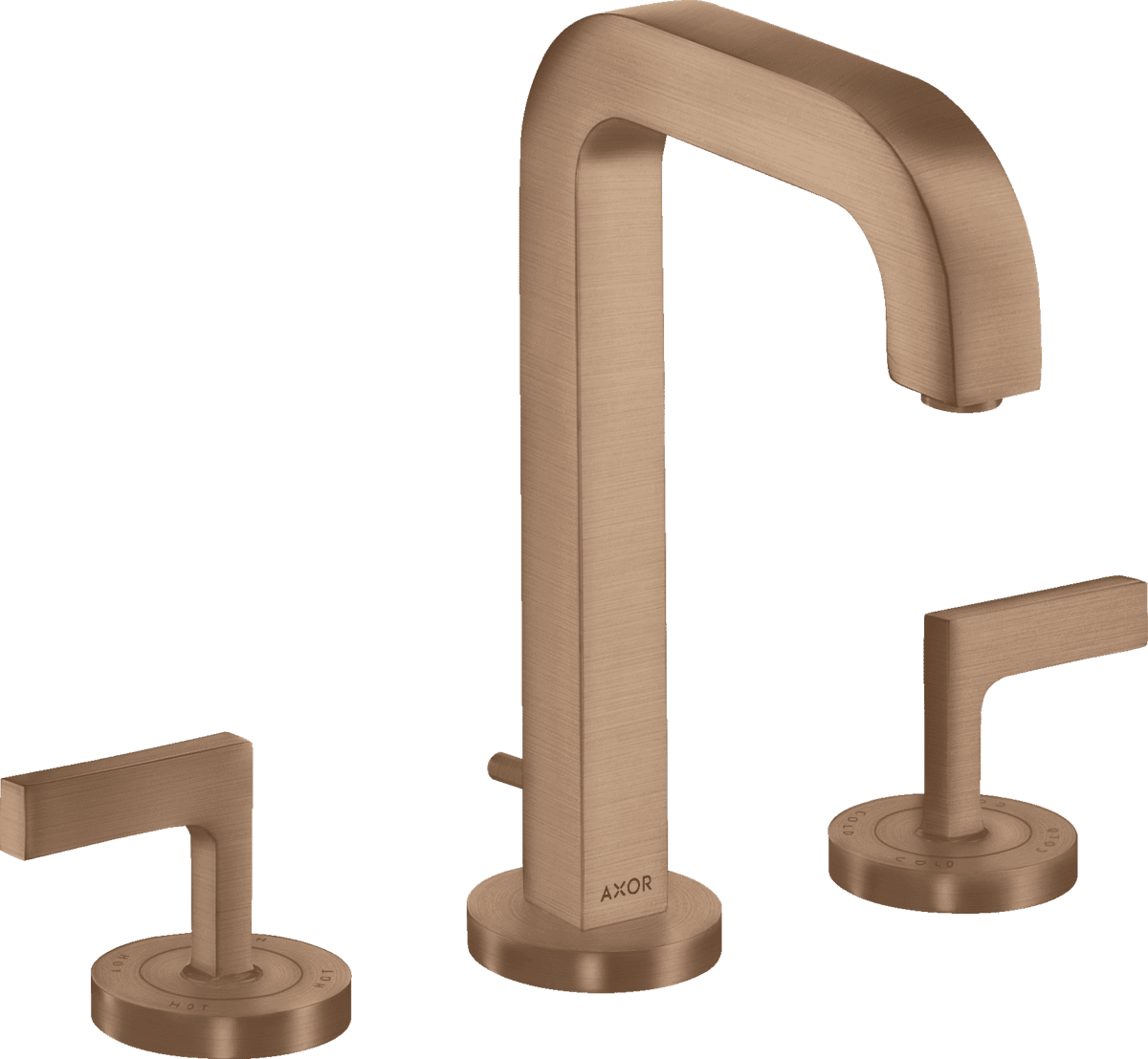 HANSGROHE AXOR Citterio 3-Loch Waschtischarmatur 170 mit Auslauf 140 mm, Hebelgriffen, Rosetten und Zugstangen-Ablaufgarnitur #39135310 - Brushed Red Gold