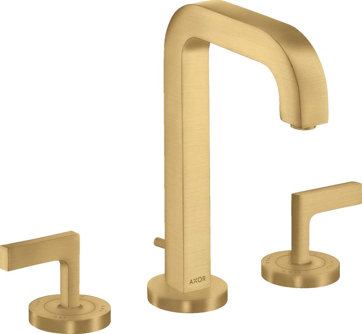 Picture of HANSGROHE AXOR Citterio 3-hole basin mixer 170 with spout 140 mm, lever handles, escutcheons and pop-up waste set #39135250 - Brushed Gold Optic