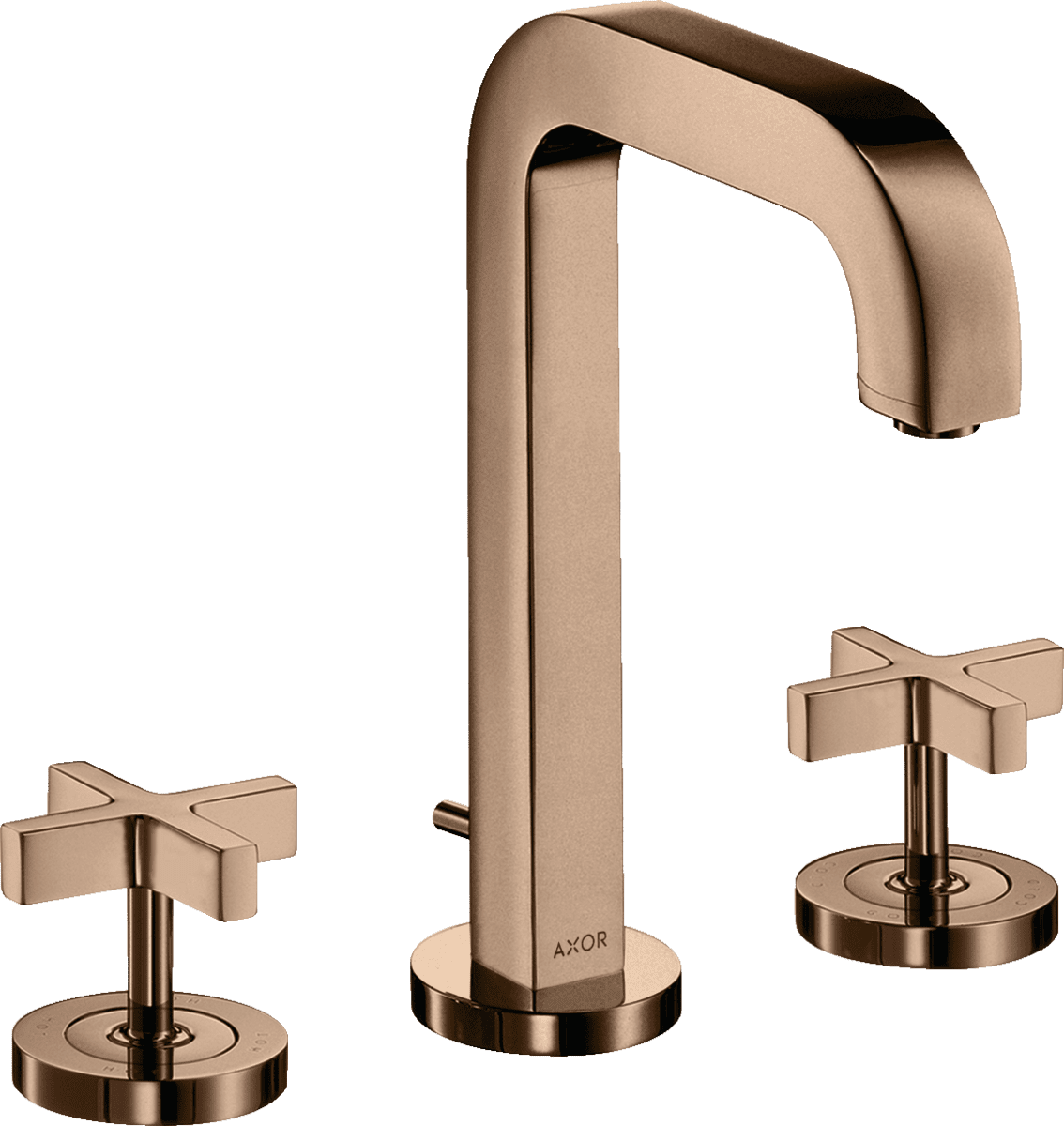 Picture of HANSGROHE AXOR Citterio 3-hole basin mixer 170 with spout 140 mm, cross handles, escutcheons and pop-up waste set #39133300 - Polished Red Gold