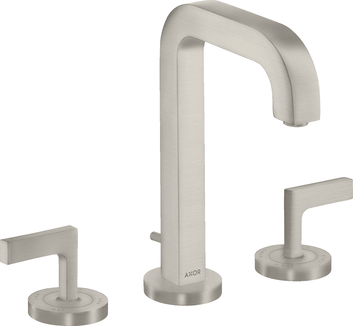 Picture of HANSGROHE AXOR Citterio 3-hole basin mixer 170 with spout 140 mm, lever handles, escutcheons and pop-up waste set #39135800 - Stainless Steel Optic