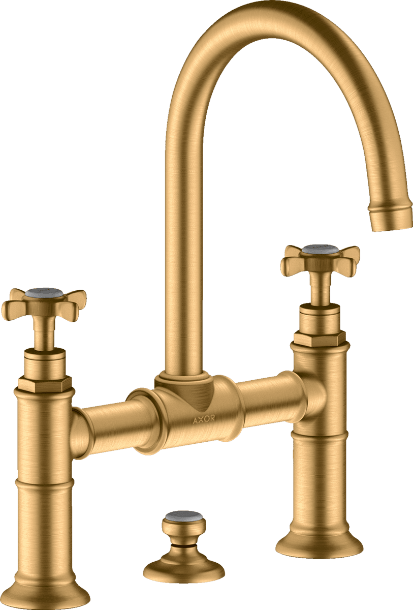 HANSGROHE AXOR Montreux 2-Griff Waschtischarmatur 220 mit Kreuzgriffen und Zugstangen-Ablaufgarnitur #16510950 - Brushed Brass