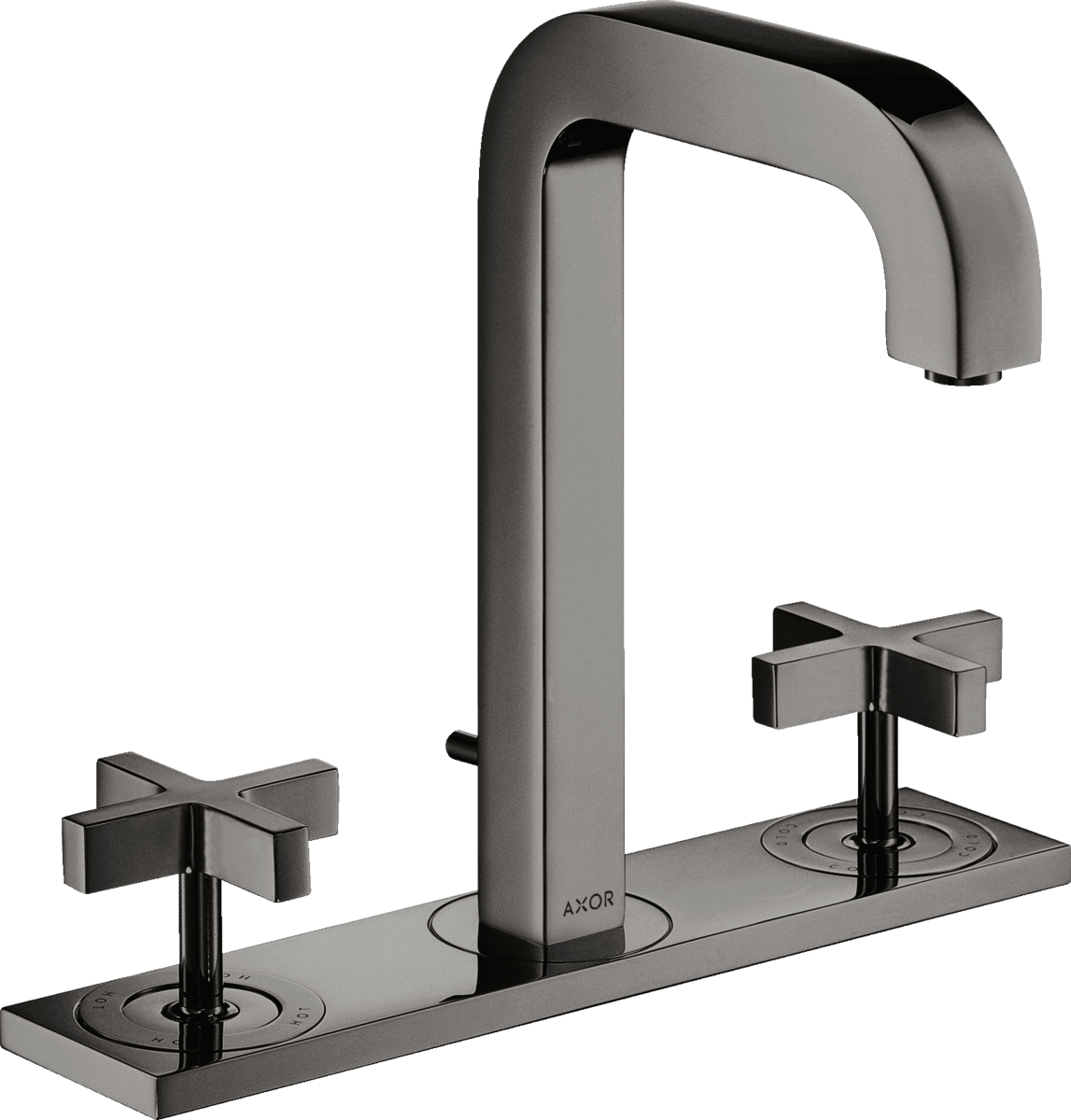 HANSGROHE AXOR Citterio 3-Loch Waschtischarmatur 170 mit Auslauf 140 mm, Kreuzgriffen, Platte und Zugstangen-Ablaufgarnitur #39134330 - Polished Black Chrome