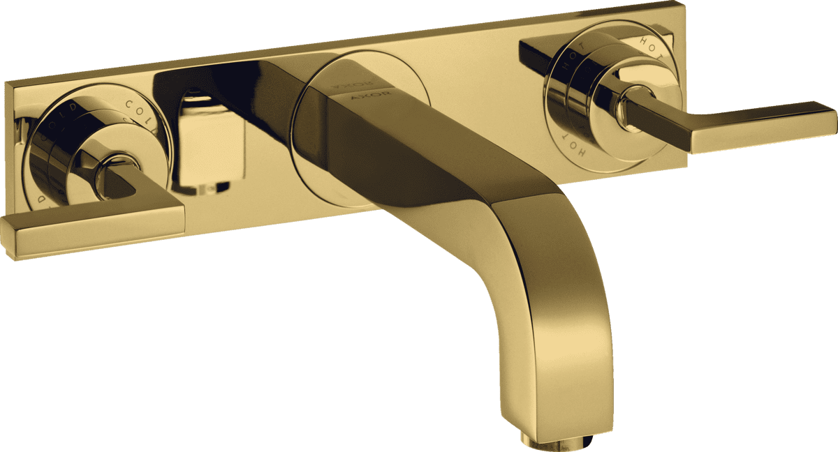 HANSGROHE AXOR Citterio 3-Loch Waschtischarmatur Unterputz für Wandmontage mit Auslauf 226 mm, Hebelgriffen und Platte #39148990 - Polished Gold Optic