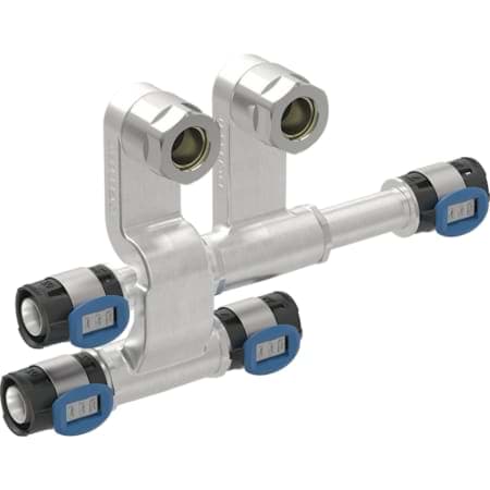Picture of GEBERIT FlowFit set of connector T-pieces for inlet and return flow, with union connector for Euro cone #619.440.22.2