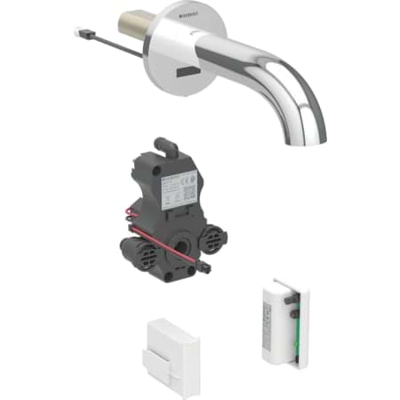 Picture of GEBERIT Piave washbasin tap, wall-mounted, generator operation, for concealed function box stainless steel finish / brushed, easy-to-clean coated #116.265.SN.1