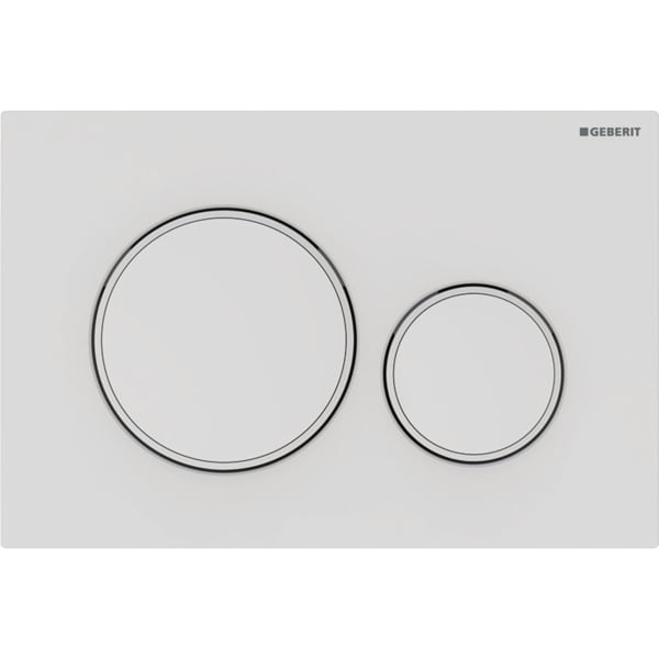 Obrázek GEBERIT Ovládací tlačítko Geberit Sigma20, pro 2 množství splachování Deska a ovládací tlačítko: lakování bílé matné, s povrchovou úpravou easy-to-clean Designové kroužky: bílá #115.882.01.1