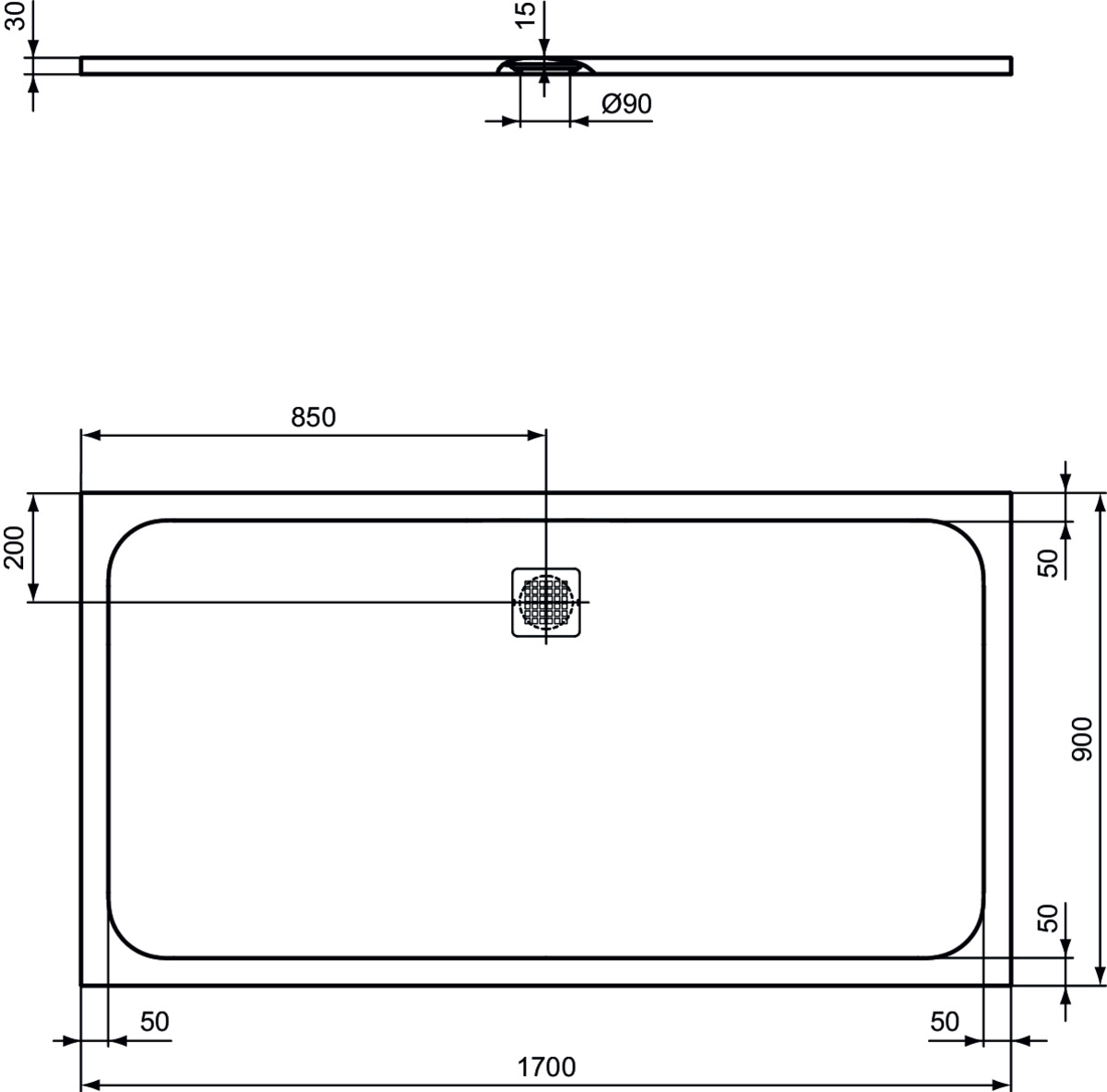 IDEAL STANDARD Ultra Flat S 1700 x 900 x 30mm concrete grey shower tray #K8285FS - Concrete Grey resmi