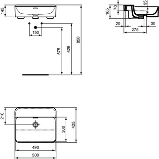 IDEAL STANDARD Conca 50cm semi countertop, no taphole, white #T463001 - White resmi