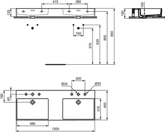 IDEAL STANDARD Extra Doppel-Waschtisch 1215x450mm, geschliffen, mit 3 Hahnlöchern je Waschplatz, mit Überlaufloch (geschlitzt) #T391401 - Weiß (Alpin)