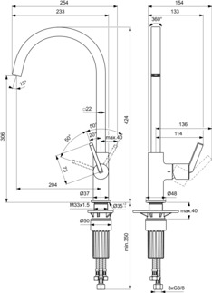 εικόνα του IDEAL STANDARD Gusto kitchen mixer tap low pressure angular spout, projection 204mm #BD412AA - chrome