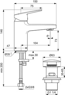 IDEAL STANDARD Ceraplan basin mixer H75, projection 103mm #BD216AA - chrome resmi