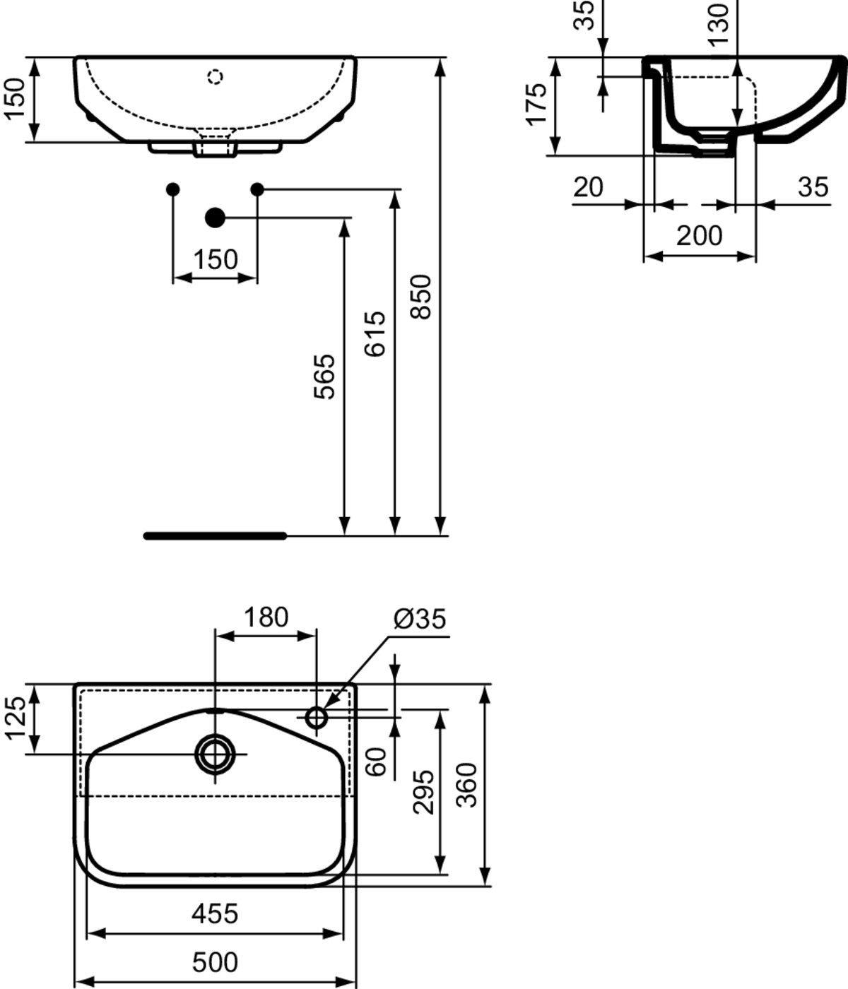 IDEAL STANDARD i.life S Halbeinbauwaschtisch 500x360mm, mit 1 Hahnloch, mit Überlaufloch (rund) #T4588MA - Weiß (Alpin) mit Ideal Plus