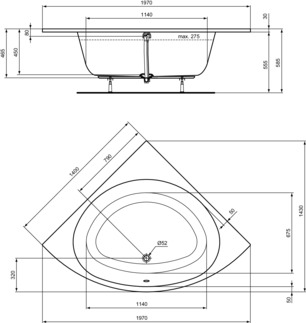 IDEAL STANDARD I.LIFE - Eck-Badewanne 1970x1430x465 mm in weiß glänzend, ohne Hahnloch, mit Überlauf, ohne Ablaufgarnitur - Eckmodell, Reinigungsmittelbeständig, Lichtbeständig #T476601 - Weiß (Alpin)