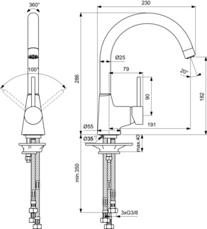 IDEAL STANDARD Nora Küchenarmatur Niederdruck hoher Auslauf, Ausladung 191mm #B9329AA - Chrom