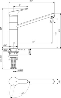 IDEAL STANDARD CERAFIT - Küchenarmatur 47x257x227 mm, 221 mm vertikaler Abstand bis Mitte Auslauf in chrom, 6 l/min (3 bar) - EasyFix, BlueStart, Click-Technologie, EPD, FirmaFlow, SmartShine Oberfläche #BC140AA - Chrom