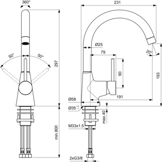 IDEAL STANDARD Nora Küchenarmatur hoher Auslauf, Ausladung 191mm #B9332AA - Chrom