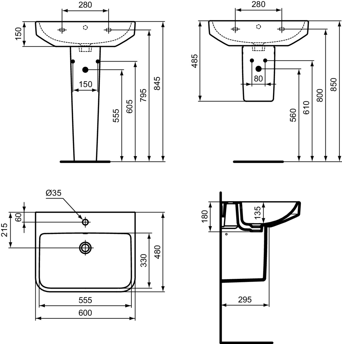 IDEAL STANDARD i.life B Waschtisch 600x480mm, mit 1 Hahnloch, mit Überlaufloch (rund) _ Weiß (Alpin) mit Ideal Plus #T4607MA - Weiß (Alpin) mit Ideal Plus