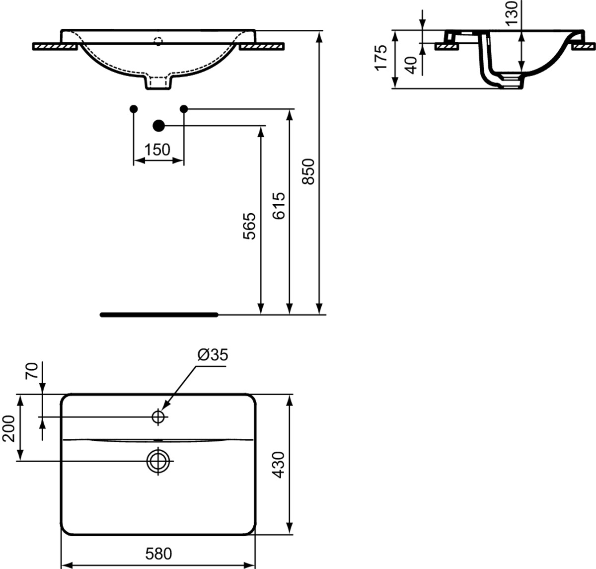 IDEAL STANDARD Connect Einbauwaschtisch 580x420mm, mit 1 Hahnloch, mit Überlaufloch (rund) _ Weiß (Alpin) mit Ideal Plus #E5044MA - Weiß (Alpin) mit Ideal Plus