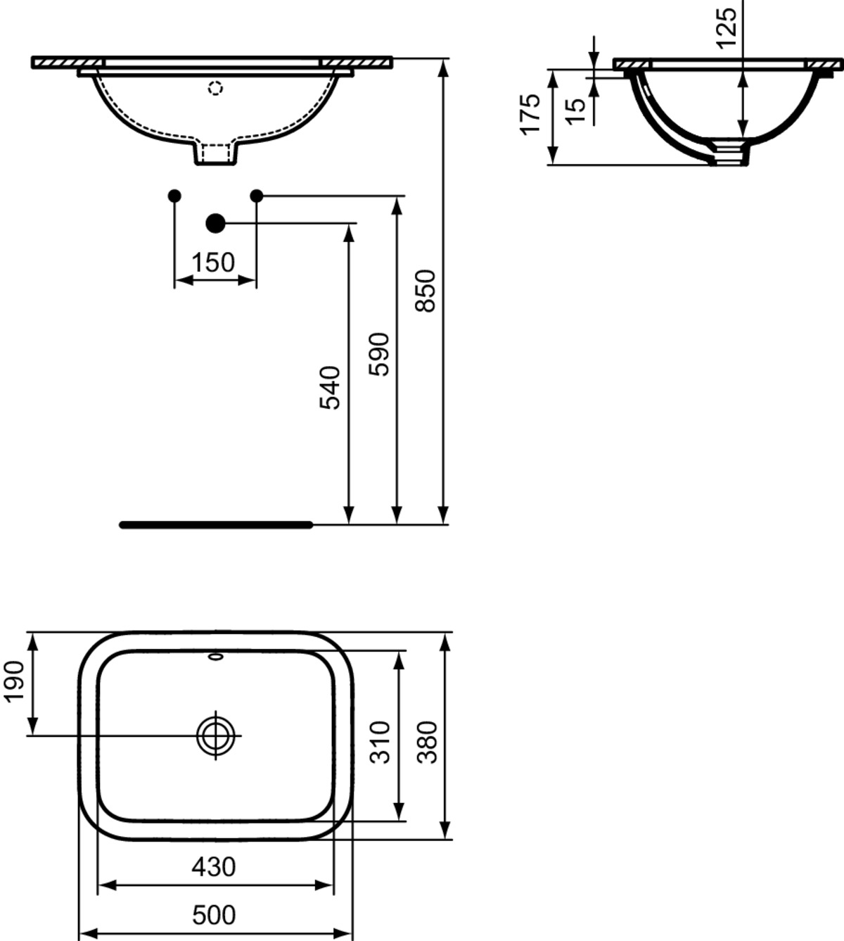 Bild von IDEAL STANDARD Connect Unterbauwaschtisch 500x380mm, ohne Hahnloch, mit Überlaufloch (rund) _ Weiß (Alpin) #E505801 - Weiß (Alpin)