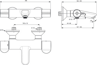 Obrázek IDEAL STANDARD Ceraplus Safe povrchový vanový termostat, průmět 167-186 mm #A6874AA - chrom