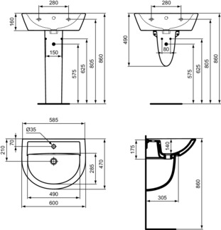 IDEAL STANDARD EUROVIT - Waschtisch 600x470x175 mm in weiß glänzend, 1 Hahnloch, mit Überlauf #W332301 - Weiß (Alpin), Bild 5