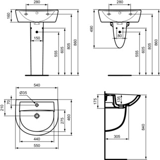 IDEAL STANDARD EUROVIT - Waschtisch 550x460x175 mm in weiß glänzend, 1 Hahnloch, mit Überlauf #W332601 - Weiß (Alpin), Bild 3