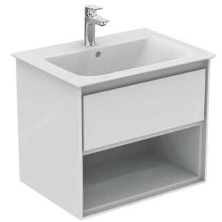 Зображення з  IDEAL STANDARD Connect Air 600mm wall mounted Vanity Unit 1 drawer with open shelf Gloss White + Matt White #E0826B2 - Main outer finish is Gloss White, Internal finish is Matt White