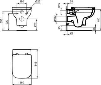 IDEAL STANDARD I.LIFE A - Wand-WC Paket 360x545x380 mm in weiß glänzend, CL1 Vollspülung 3.9 - 6 l/min, horizontaler Ablauf - CL1, CL2, Spülrandlose Spültechnologie RimLS+, SoftClosing WC #T467101 - Weiß (Alpin)