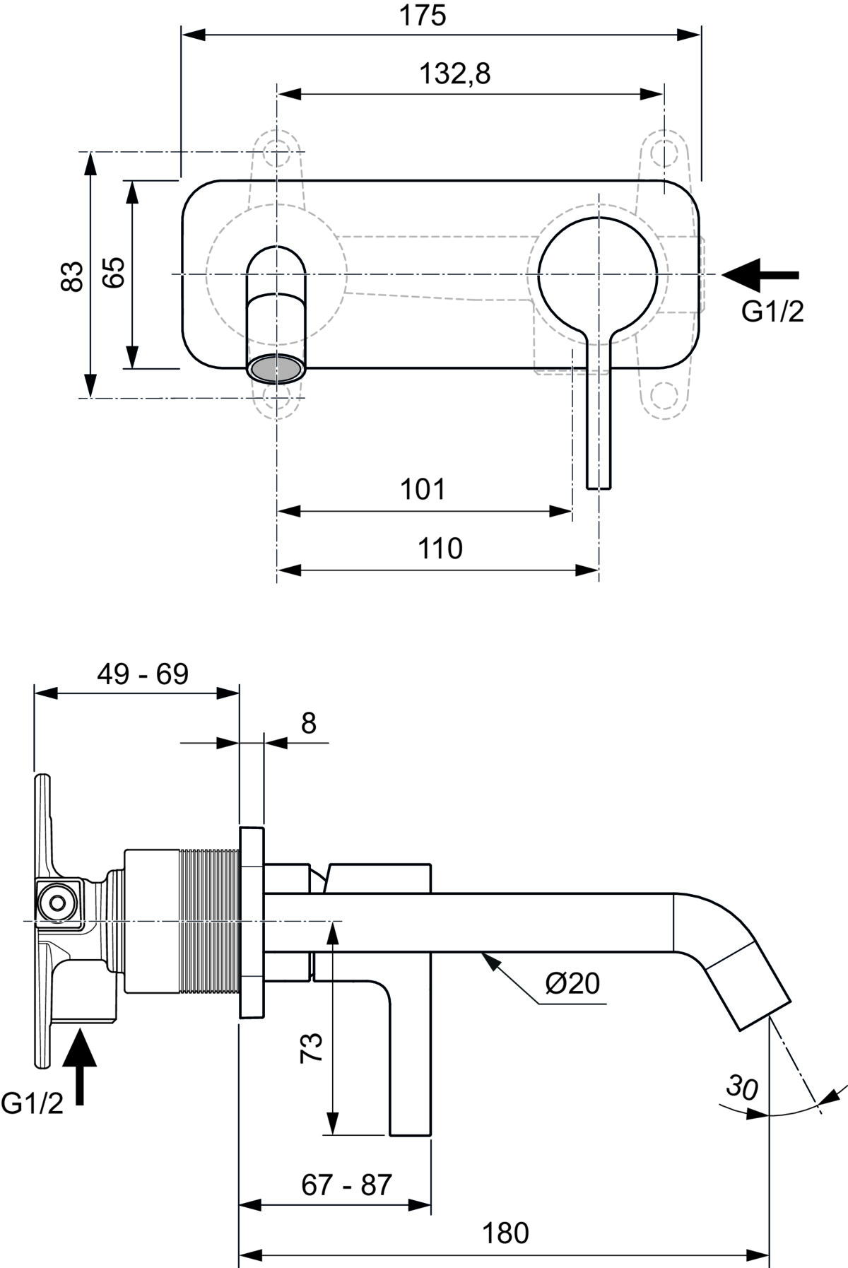 IDEAL STANDARD Joy Wand-Waschtischarmatur Unterputz, Ausladung 180mm #A7380AA - Chrom