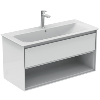 Зображення з  IDEAL STANDARD Connect Air 1000mm wall mounted Vanity Unit 1 drawer with open shelf Gloss White + Matt White #E0828B2 - Main outer finish is Gloss White, Internal finish is Matt White