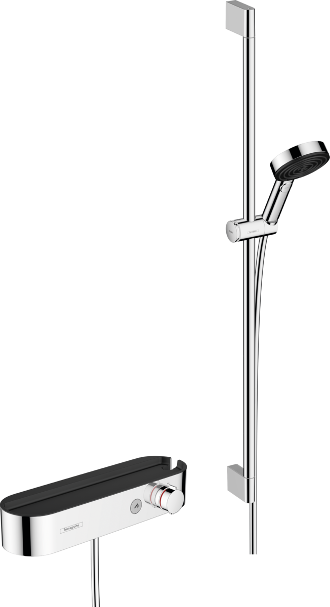 Зображення з  HANSGROHE Pulsify Select S Shower system 105 3jet Relaxation with hand shower, thermostat, shower bar 90 cm, slider and shower hose #24270000 - Chrome