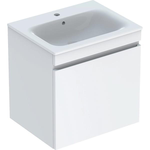 Picture of GEBERIT Renova Plan Set furniture washbasin narrow rim, with vanity unit, one drawer and one inner drawer #501.917.JR.8 - Body and front: hickory walnut / textured foil Washbasin: white / KeraTect