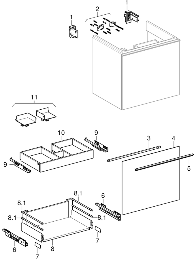 Obrázek GEBERIT Skříňka pod umyvadlo Geberit Acanto, s jednou zásuvkou, s vnitřní zásuvkou a zápachovou uzávěrkou Korpus: bílý / lakovaný s vysokým leskem Zásuvky: bílé / lesklé sklo #500.611.01.2