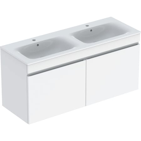Picture of GEBERIT Renova Plan set of double vanity basin, slim rim, with cabinet, two drawers and two internal drawers Body and front: hickory / textured foil Washbasin: white #501.918.JR.1